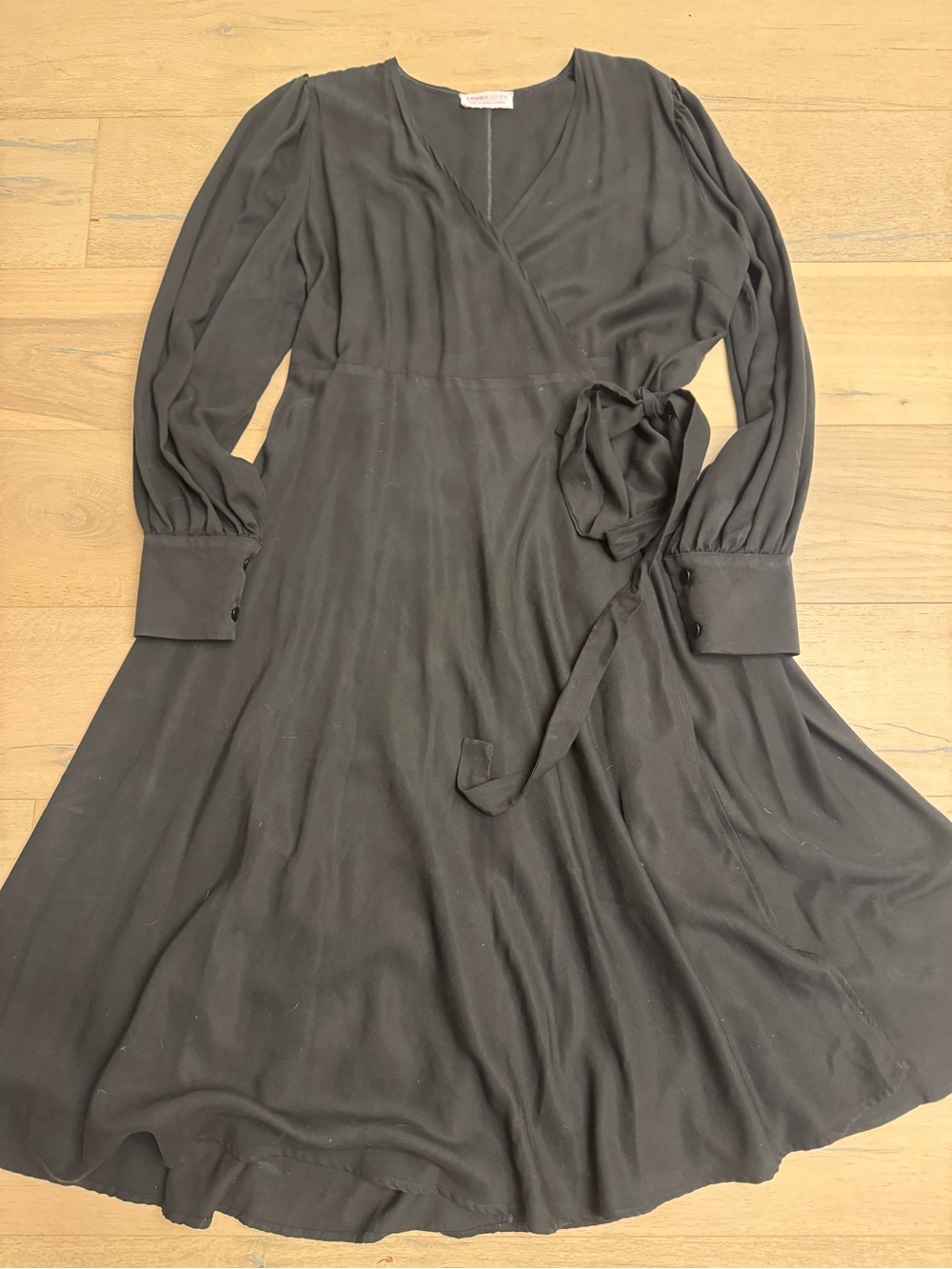 Black Long-Sleeve Wrap Midi Dress with Tie Waist